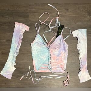 NWT Dolls Kill / Club Exx Pink Sunset Trippy Top & Gloves Set